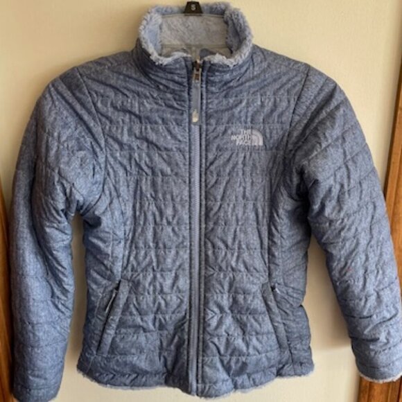 THE NORTH FACE Reversible Speckled Mossbud Swirl Blue Puffer Jacket Girl… - Picture 1 of 16